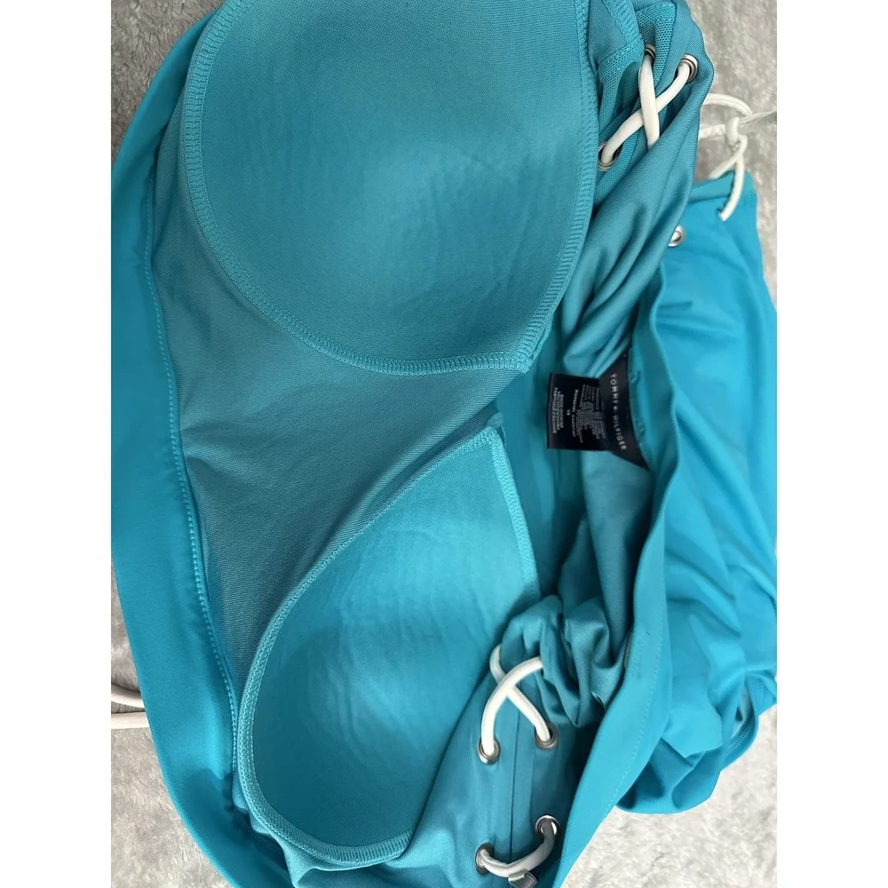 Tommy Hilfiger Swimsuit Womens 16 Blue One Piece Lace Up‎ Bandeau Strapless Swim